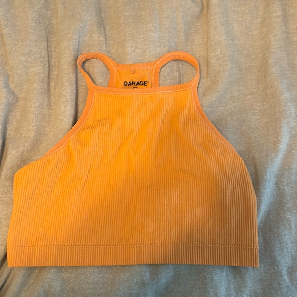 small, orange, high neck crop top